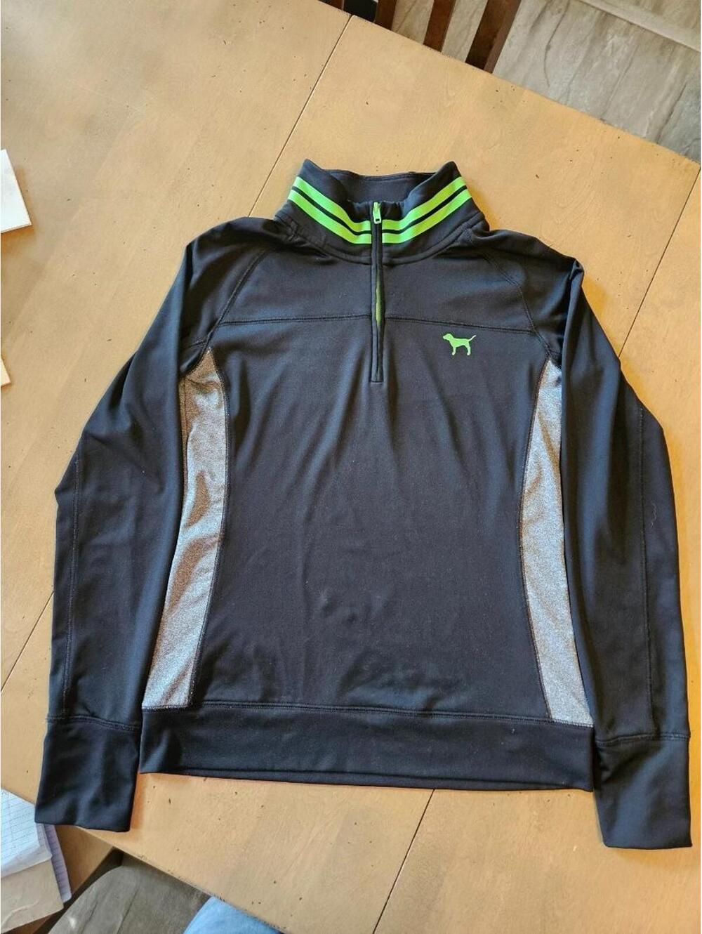 Victoria Secret "Pink" Black, Charcoal with Lime Accents 1/4 Zip Size Medium